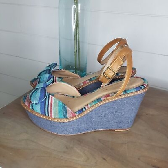 Anthropolgie Miss Albright platform wedge denim rainbow bow heels - Picture 6 of 6
